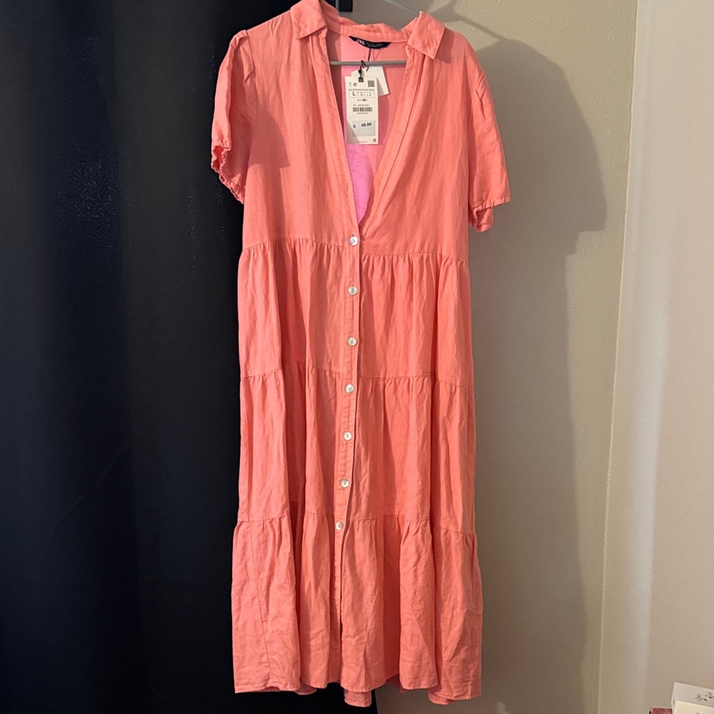 NWT Zara Pink Button-Down Midi Dress